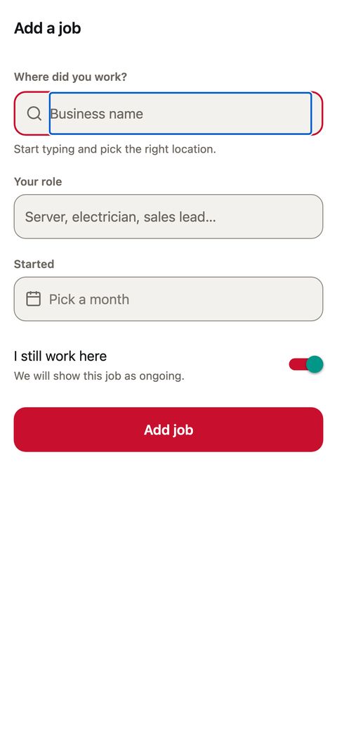 The Add a job screen: where you worked, your role, when you started, and an Add job button.