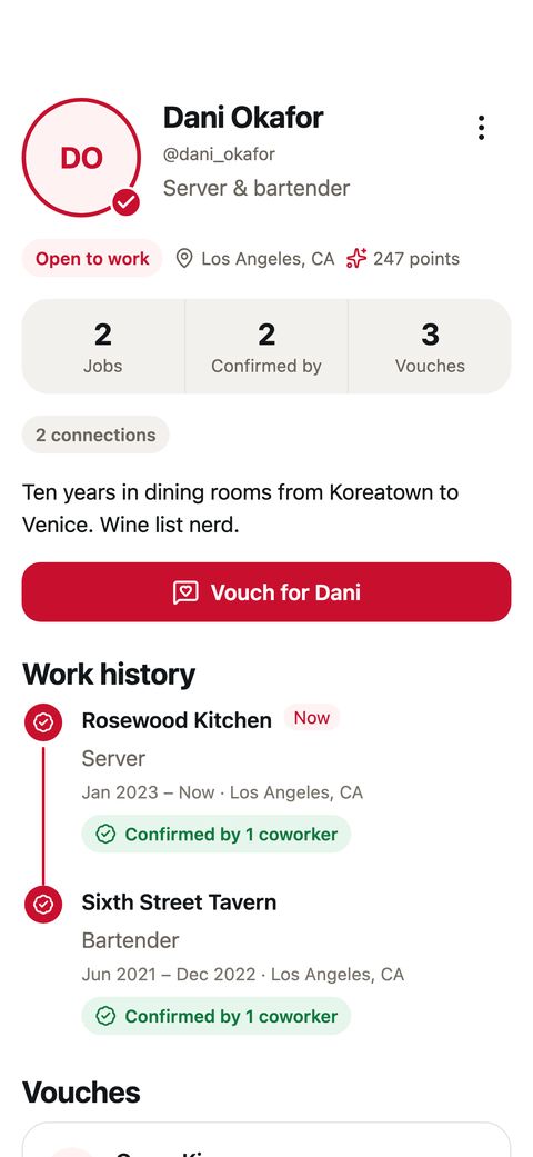 Dani Okafor's profile: Server and bartender, 2 jobs confirmed by 2 coworkers, 3 vouches, and a Vouch for Dani button.